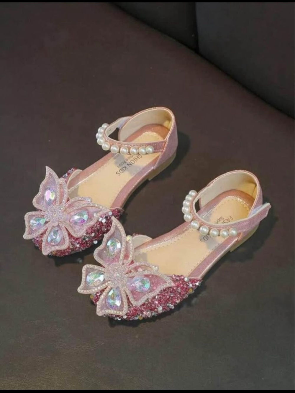 Girls Pink Pearl Strap Butterfly Dress Shoes